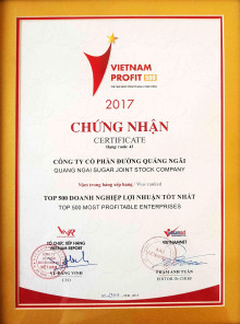 Chứng nhận: Top 500 doanh nghiệp có lợi nhuận tốt nhất Việt Nam.